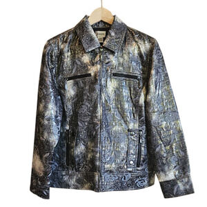 Chico's Metallic Floral Moto Zip Up Lightweight Jacket Gold Women Size 2 (Large)